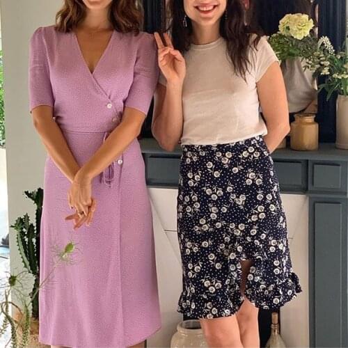 Elfbop Female Viscose V Neckline Dots Print Dress - 2019ss Women Casual Dress With Waist Ties & Button Closured