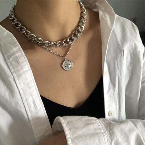 KINFOLK Punk Hiphop Cuban Thick Chain Choker Necklace Sets for Women Vintage Carved Coin Portrait Pendant Necklace Jewelry