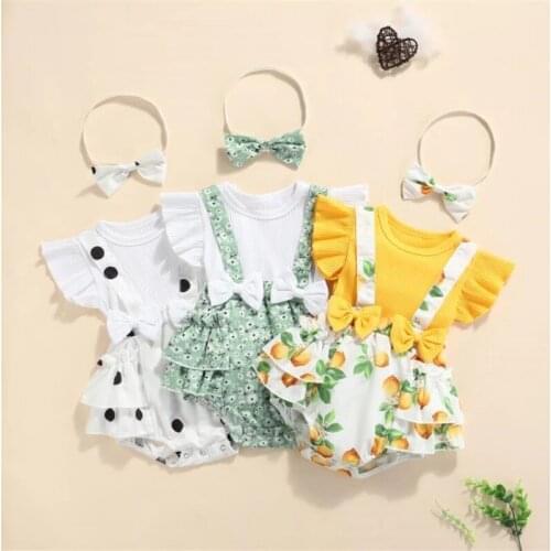2Pcs Summer Baby Girl Rompers Newborn Baby Clothes Toddler Ruffle Sleeve Fruit Floral Dot printed Jumpsuit With Headband