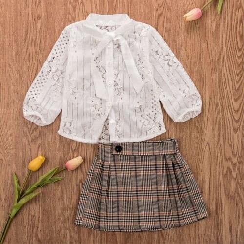 Toddler Kids Baby Girls Clothes Sets White Lace Tops T-shirt Plaid Print Skirt 2pcs Outfits Clothes Girls Casual Set 1-6Years