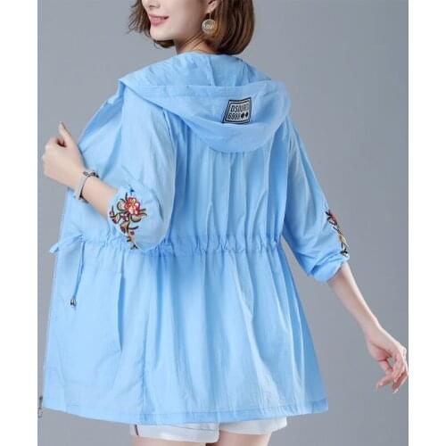 New Summer Jacket Women Hooded Embroidery Sun Protection Clothing Women Fashion Casual Loose Zipper Thin Windbreaker Coat Tops