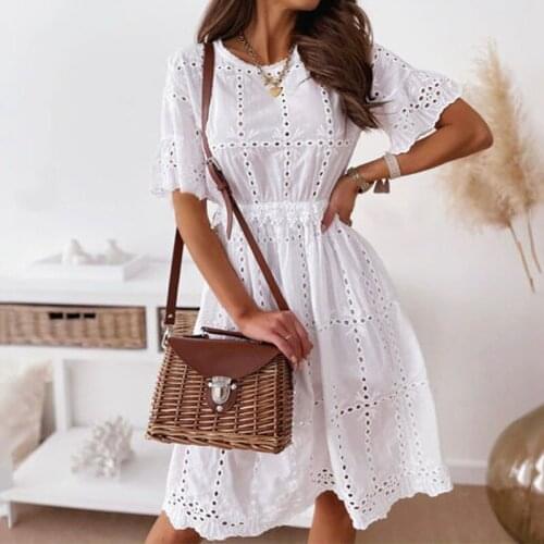 Summer Fashion Dress Embroidered Short Sleeve Round Neck Hollow Dress Simple Embroidered Round Neck Hollow Short Sleeve Dress