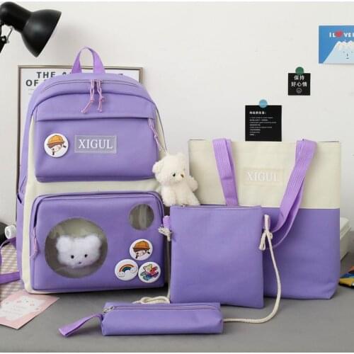 Fashion Backpack 4 Piece Set High School Backpack Bags for Teenage Girl 2021 Canvas Teen Student Schoolbag Travel Women Bookbags