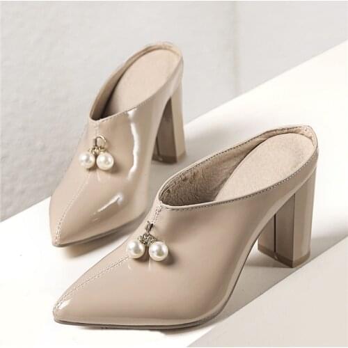 Mules Shoes Woman High Heels Outdoor Slippers Spring Summer Chunky Block Heel Famale Shoes Pointed Toe Slingback Ladies Shoes