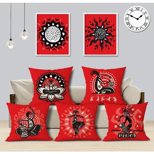 African Style Cushion Cover Red African Tribal Totem Decorative Cushions Linen Throw Pillow Cover for Sofa Home Decor 45X45CM