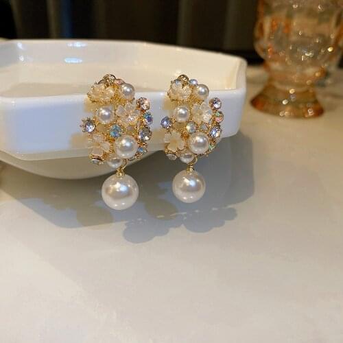 2021 New Arrival Sweet Acrylic Flower Zircon Earrings for Women Elegant Pearl Water Drop Earrings Korean Fashion Jewelry