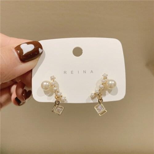 New Design 14K Gold Plated Pearl Beads Stud Earrings for Women Luxury Jewelry Zircon Square Earrings