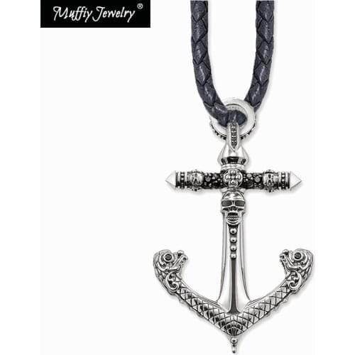 Anchors Leather Rope Necklace,Europe Style Nice Punk European Fashion Gift Jewelry in 925 Sterling Silver For Women Men