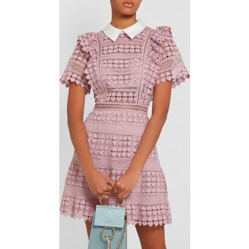 WTIANYUW New arrival Self-portrait Women Lace Dress Ruffles Patchwork Lace Mini Dress Short Sleeve Lapel Hollow A-line Dresss