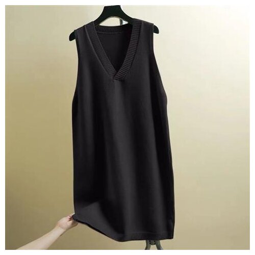 Black Korean Spring Fall V-neck Pullover Long Sleeveless Sweater Vest Loose Coat Outcoat Lady Top Cloth for Women girl Waistcoat