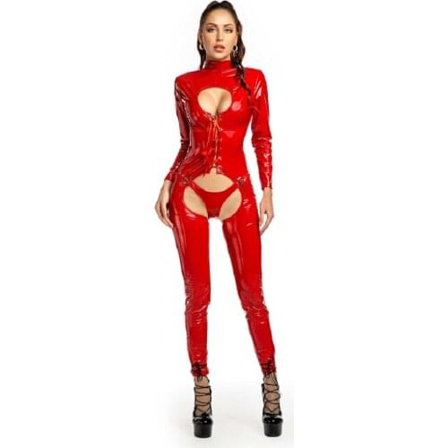 Sexy Open Crotch Cupless PVC Leather Catsuits Red Black Long Sleeve Wetlook Jumpsuit Hollow Out with Thong Erotic Latex Bodysuit