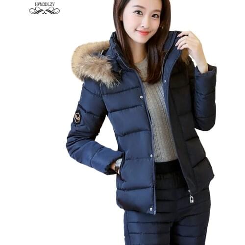 Tracksuit For Women 2019 Winter New Detachable Hat With Fur Collar Jacket And Cotton Down Long Pants Suit Two-piece Set HJ202