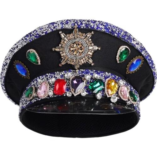 Steampunk Style Military Cap Luxury Women Girl Rhinestone Sequin Top Hat Halloween Christmas Costume Cosplay