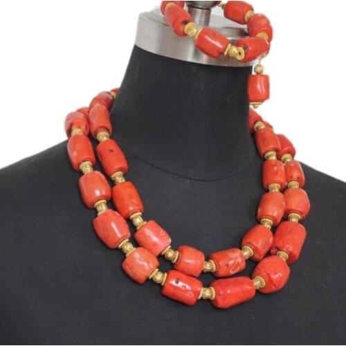 African Bridal Necklaces For Women 2 Layers Orange Genuine 13-15mm Coral Beads Jewelry Set With Gold Divider 3 Pieces Set 2019