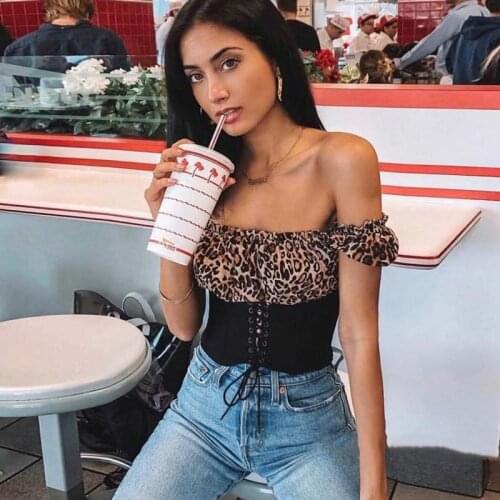 2021 New Women Off Shoulder Short Sleeve Blouses Tops Summer Leopard Print Patchwork Corset Vintage Elegant Blouse Shirts Female