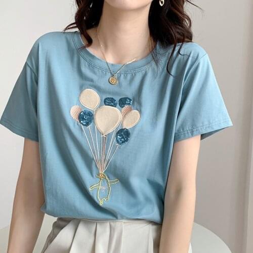Tee Shirt Femme T Shirt Women Embroidery Cartoon Cotton T-Shirt Female Woman Clothes 2021 Korean Style Summer Short Sleeve Tops