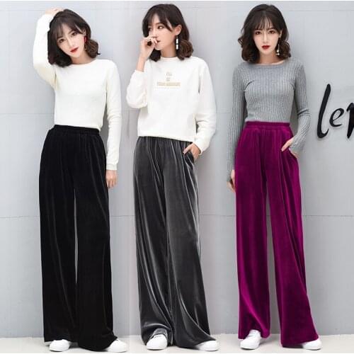Autumn womens gold velvet wide leg pants female loose trousers velvet Straight pants wild retro Elastic Waist casual pants