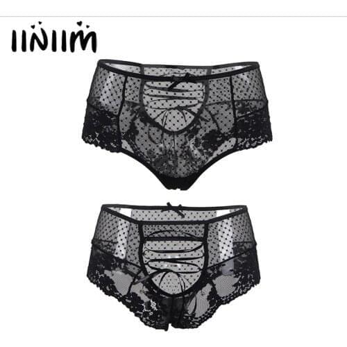 Sexy Panties for Woman Ladies Sheer Lace Mesh See-through Underwear Solid Color Black Bow Tie Hollow Out Back High-waist Briefs