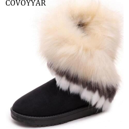 COVOYYAR 2021 Hot Sale Snow Women Boots Fake Fox Fur Warm Ankle Boots Shoes Flat Women Lady Shoes Slip On Size 40 WBS257