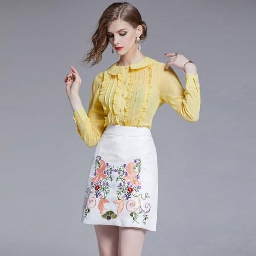Womens fashion two-piece Sets yellow long-sleeved chiffon shirt + elegant embroidered white short skirt