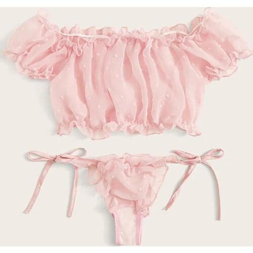 Pleated Mesh Lingerie Set Women Sweet Cute Babydoll Sleepwear Ladies Crop Tops+Briefs Underwear Ensemble String Soutien Gorge