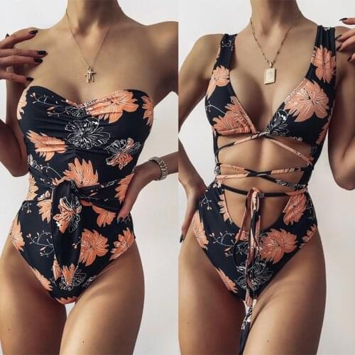 New Sexy One Piece Bandeau Swimsuit Women Swimwear Cut Out Bathing Suit Summer Push Up Monokini Print Swim Suit Beach Wear Lady