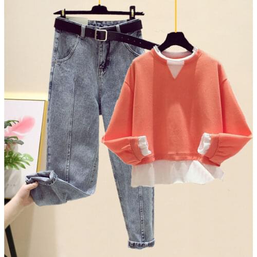 2 Piece Tracksuit Women 2020 Spring Autumn Sweatshirt Female Stitching Color Tops and Jeans Pants Vetement Femme Two Piece Set