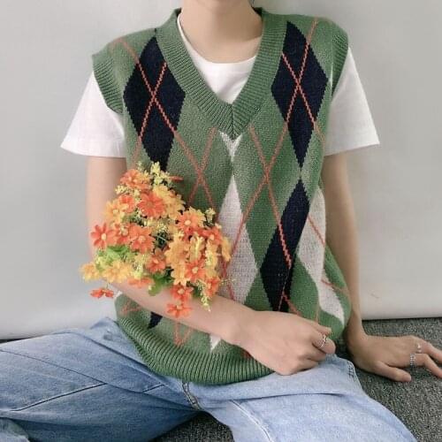 Gaono Fashion Female Girls Green Sleeveless Sweater Rhombus Diamonds Printed Vest Pullover Colleage Stylish Jersey Casual Jumper