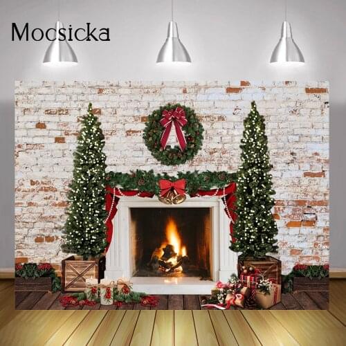 Winter Fireplace Background Christmas Trees Brick Wall Wreath Gift Candle Backdrop Merry Christmas Party Banner Decorations Prop