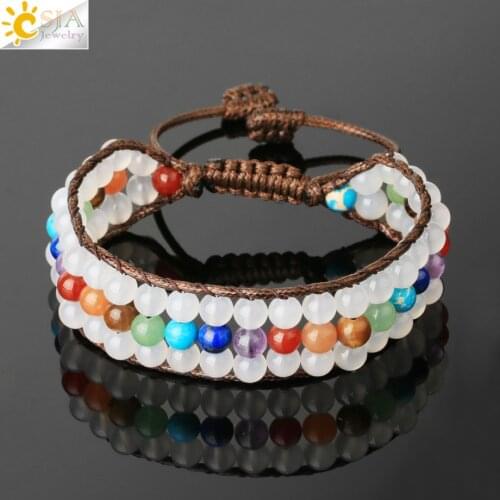CSJA Bracelet 7 Chakras Natural Stones Quartz Crystal Beads Bracelets for Women Braided Woven Pulseras Red Agates Gem Stone G439