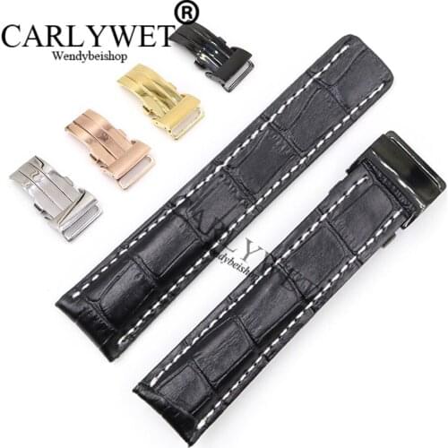 CARLYWET 22 24mm Black Men Women Wholesale Replacement Real Cowhide Leather Wrist Watch Band Belt Strap