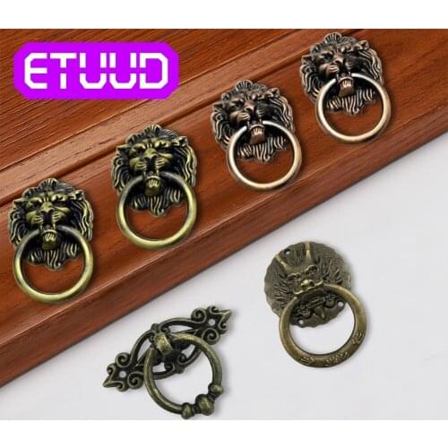 Zinc Alloy Antique Lion Dragon Head Cabinet Pulls Knob Wardrobe Drawer Handle Dresser Bronze Ring Pull Furniture Hardware