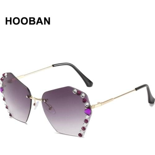 HOOBAN Brand Designer Diamond Sunglasses Women Luxury Frameless Rhinesto Sun Glasses For Ladies Fashion Rimless Gradient Eyewear