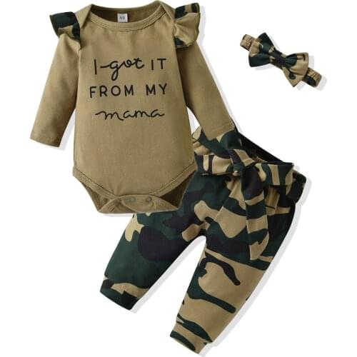 Newborn Baby Girl Clothing Set I got it from my mama Letter Print Long Sleeve Romper+Camo Pants Plus Headband Comfy Baby Clothes
