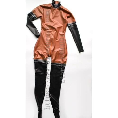Metallic bronze bondage latex cat suits with socks in black and dark gray trim colors what is made of natural & flexible latex
