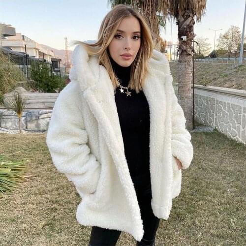 Fashion Ladies White Parka Winter Ladies Jacket Warm Plush Casual Loose Hooded Jacket Teddy Lamb Wool Ladies Jacket 2021 New