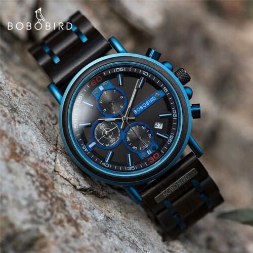 Relojes para hombre Top Brand BOBOBIRD Men Watch Wood Blue Chronograph Date Show Male Quartz Wristwatches in Wooden Box