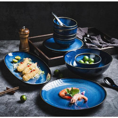 KINGLANG Single Japanese Blue kiln glazed ceramic tableware set rice bowl plate spoon Udon Ramen soup bowl dish