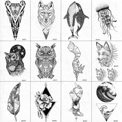 VANKIRS Body Arm Art Tattoos Temporary Women Owl Black Henna Tatoo Sticker Fake Geometric Fox Water Transfer Tattoo Paper Decals