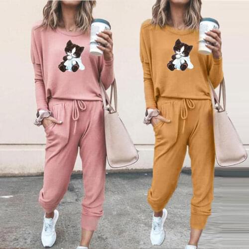 Autumn New Arrival Two Piece Sets Women Solid Tracksuits Stretchy Cute Cat Print Tops Casual Outfits Solid Color Trousers