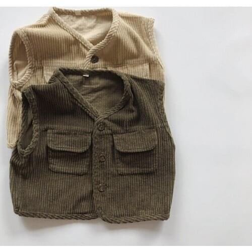 Fall Korean style Boys and girls Corduroy Pockets Sleeveless Vest Tops Children Solid Color Soft Loose Waistcoats