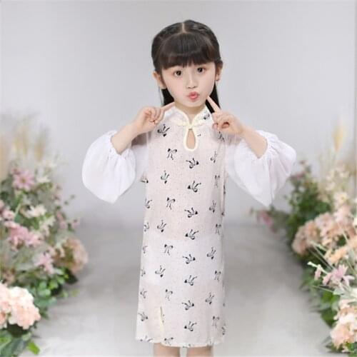 Hanfu Improved Cheongsam Girls Performance Costume Lantern Sleeve Cheongsam Chinese Style Retro Long Sleeve Dress