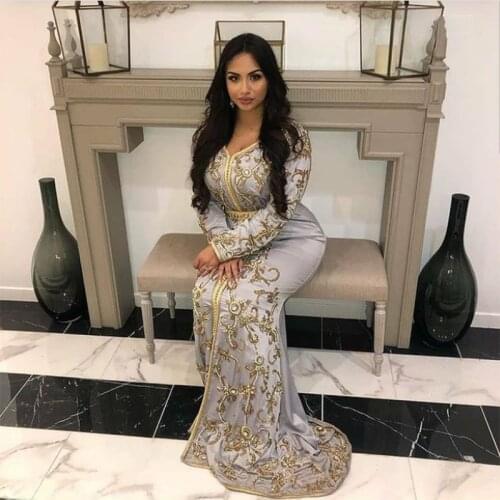 Gray Mermaid Moroccan Kaftan Evening Dress Sexy V Neck Long Sleeve Dubai Arabic Muslim Prom Formal Gown Custom Made Plus Size