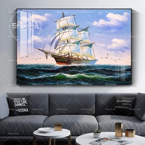 Large Size Sailing Boat Modern Wall Art Pictures For Living Room Ship Seascape HD Canvas Oil Painting Home Decor Poster