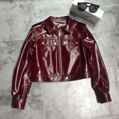 Spring coat women paint leather jacket 2021 new brand wine red color short style fashion female parka real sheepskin coat