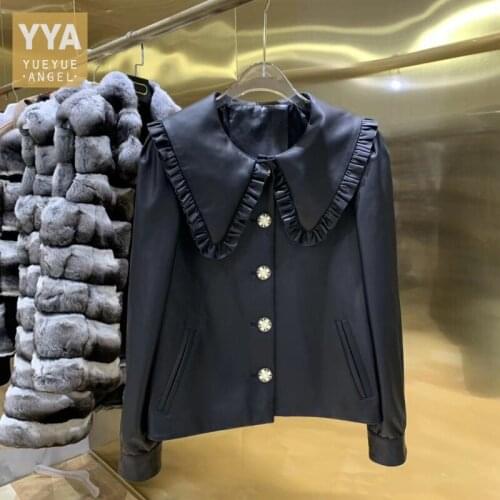 Sweet Ruffle Doll Collar Genuine Leather Jacket Women Preppy Style Fashion Short Outerwear Single Breasted Sheep Leather Coats