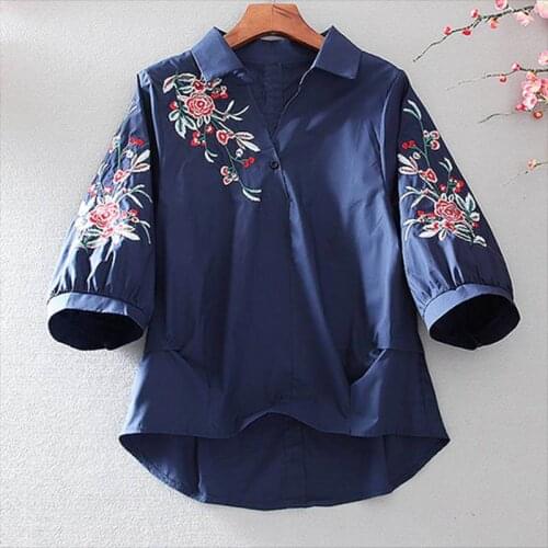 Womens Spring Summer Style Blouses Shirt Womens Button V-neck Three Quarter Sleeve Printed Elegant Korean Tops SP174