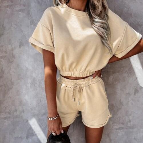 Womens Casual Tracksuits 2 Piece Set Summer Sweatshirt Drawstring Sporting Shorts Leisure Suit Home Outfit Solid Sportswear Set