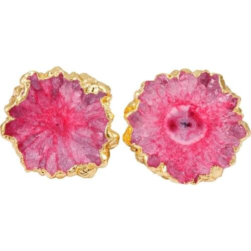 TUMBEELLUWA Womens Fuchsia Raw Druzy Quartz Natural Crystal Stone Stud Earrings,Gold Tone