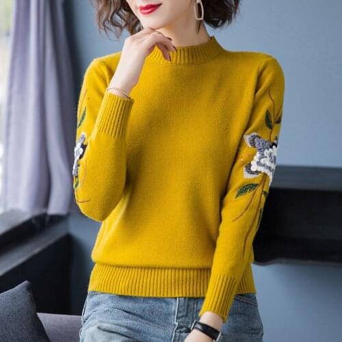 Embroidered Flowers Mock neck Women Sweaters Fall Winter Thick Warm Pullover Slim Tops Ribbed Knitted Sweater Jumper Soft Pull